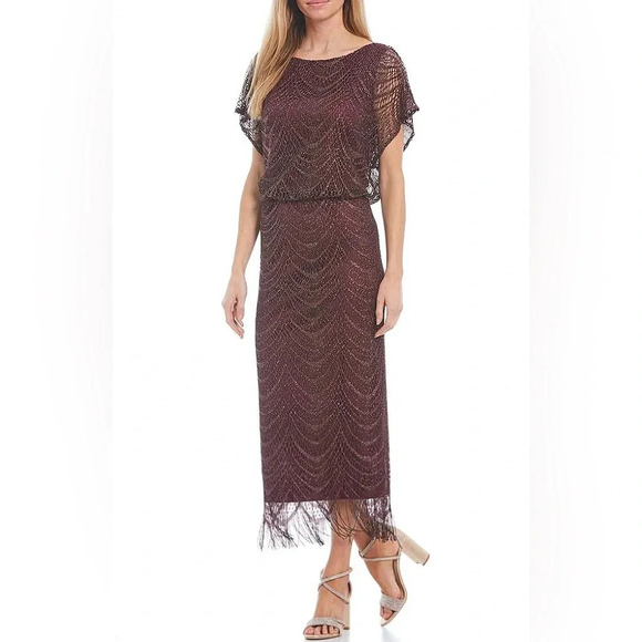 SLNY
Fringe Hem Crochet
Blouson Long Dress in fig color size 6 - Picture 1 of 11